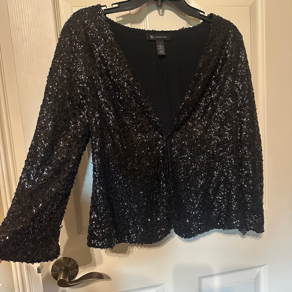 INC International Concepts Black Sequin V-Neck Jacket